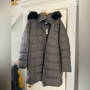 NWT Lands' End Women's Down Charcoal Puffer Coat with Detachable Faux Fur Hood